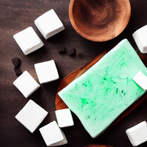 Image similar to photograph of a marshmallow cube with mint swirls on a dark wooden chopping board, hessian cloth, styled food photography, photorealistic, 4 k