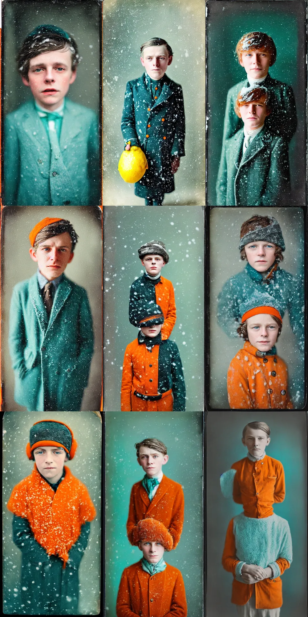 Prompt: kodak portra 4 0 0, wetplate, 8 k, shot of a highly detailed, britt marling style, colour still - life portrait of a lemon looks like a handsome 8 year old boy in a snow storm, 1 9 2 0 s cloth, 1 9 2 0 s hair, teal and orange, muted coloures