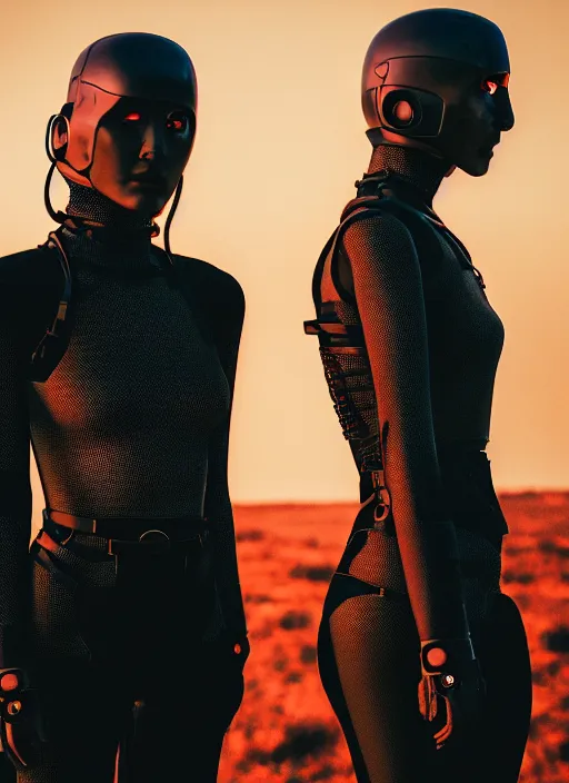 Image similar to cinestill 5 0 d photographic portrait of two loving female androids wearing rugged black mesh techwear on a desolate plain with a red sky, extreme closeup, cyberpunk style, garters, dust storm, 8 k, hd, high resolution, 3 5 mm, f / 3 2, ultra realistic faces, ex machina