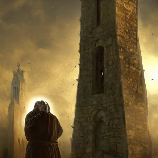 Image similar to A terrified catholic priest in his twenties fervently praying at the top of a medieval tower. He is looking horrified as a yellow shadow descends upon him from the night sky. Dramatic lighting. Award-winning digital art, trending on ArtStation