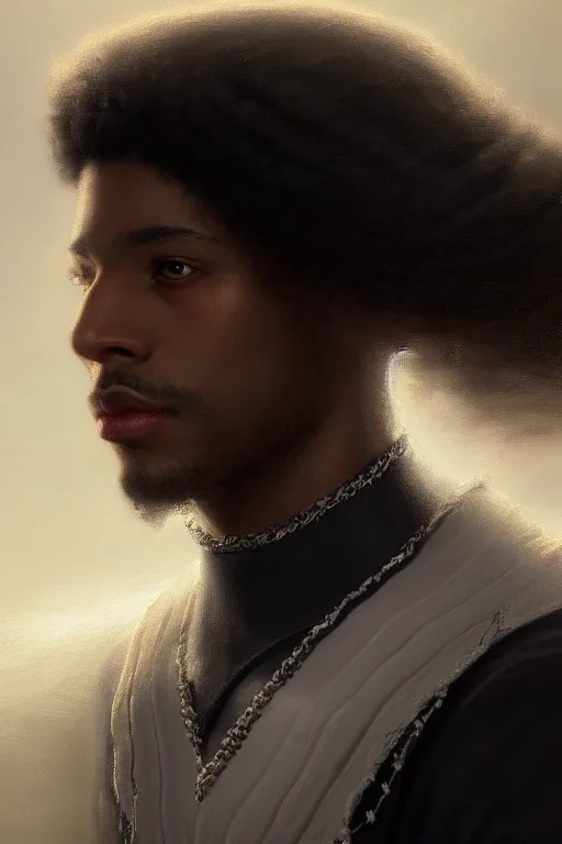 Image similar to a portrait of a black male prince, side profile, white cape, illustration, soft lighting, soft details, dark mood, painting oil on canvas by Edmund Blair Leighton and Charlie Bowater octane render trending on artstation d&d characters, 4k, 8k, HD