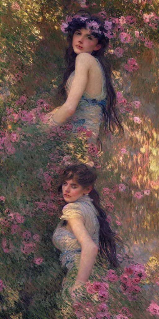 Image similar to illustration studio portrait of a beautiful girl in an artistic pose resting in nature, monet painterly motives and textures pattern, hyper detailed, octane render, vivid colors, artstation, by jeremy mann, by alphonse mucha, by monet