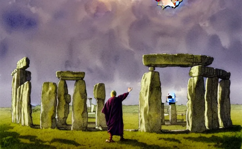 Prompt: a hyperrealist watercolour character concept art portrait of one small grey medieval monk pointing up in the air in front of a floating portal above a complete stonehenge monument on a misty night. by rebecca guay, michael kaluta, charles vess and jean moebius giraud