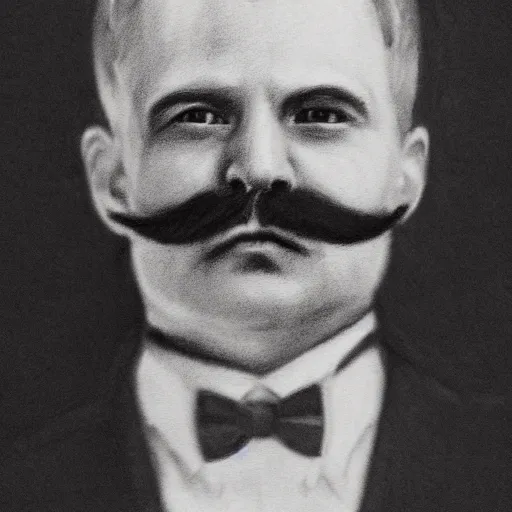 Image similar to charcoal portrait of an early 20th century occult detective mustache, bow tie