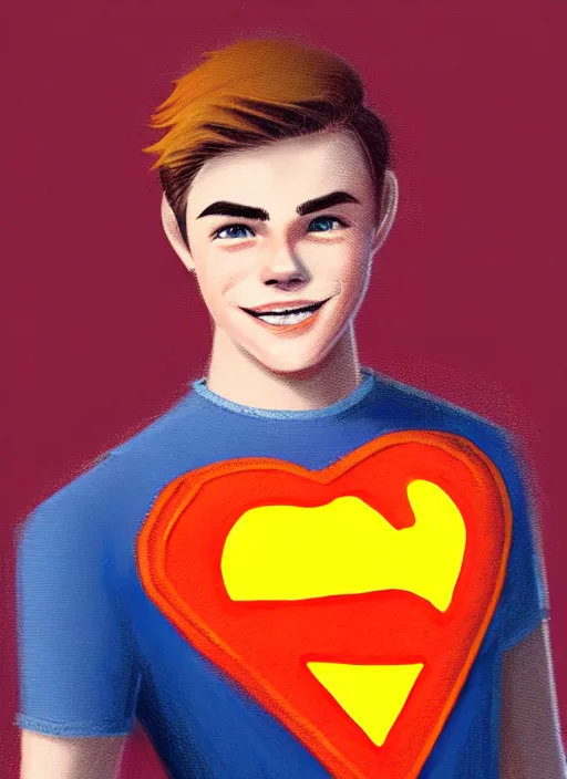 Image similar to friendly teenage archie andrews wearing an orange superhero costume with heart logo, freckles, pureheart the powerful, heart emblem on chest, cape, intricate, elegant, glowing lights, highly detailed, digital painting, artstation, sharp focus, illustration, art by wlop, mars ravelo and greg rutkowski