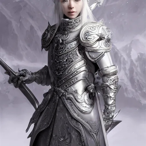 Image similar to studio portrait of albino snow elf archer in an ornate silver armour, handsome, elegant, ultrafine hyperrealistic detailed face illustration by kim jung gi, irakli nadar, intricate linework, sharp focus, bright colors, matte, octopath traveler, final fantasy, unreal engine highly rendered, global illumination, radiant light, intricate environment