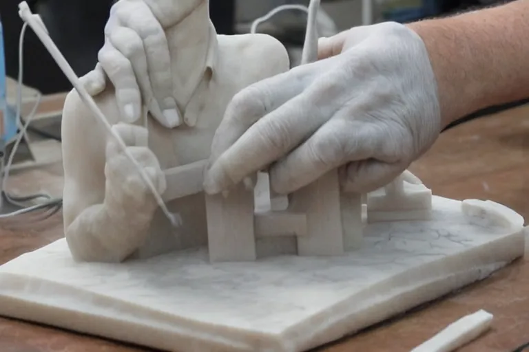 Image similar to a sculptor carving a 3 d printer from a block of marble