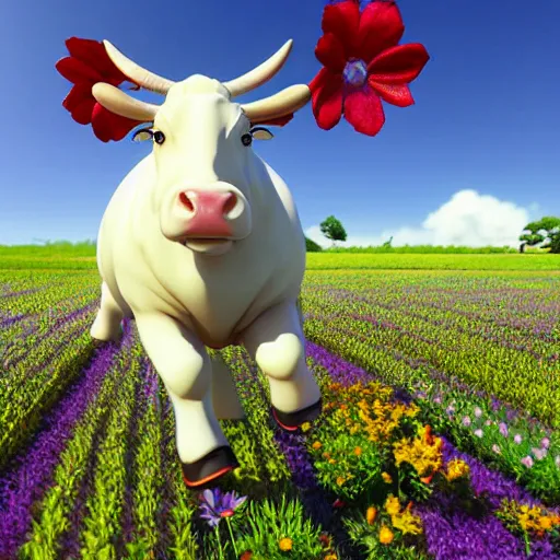 Prompt: Manga cover portrait of an extremely cute and adorable beautiful happy cow jumping around in a flower field, summer vibrance, 3d render diorama by Hayao Miyazaki, official Studio Ghibli still, color graflex macro photograph, Pixiv, DAZ Studio 3D