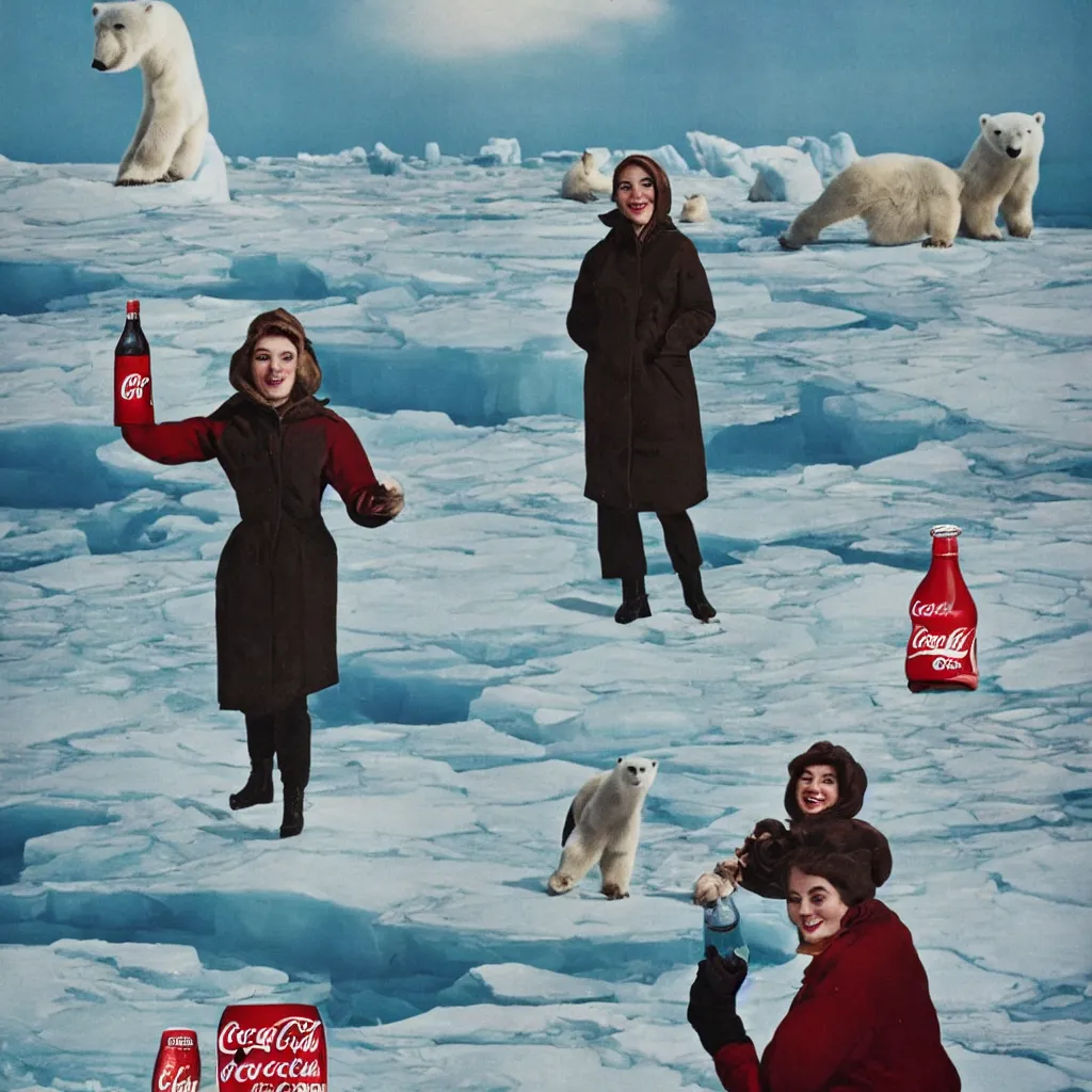 Prompt: a single woman wearing a parka drinking a bottle of coke in front of an icy polar landscape full of snowdrifts and ice, polar bear in the far background, coka-cola advertisement, retro ad, print advertising, 1960's