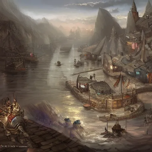 Prompt: sargard, a fantasy harbour city full of slaves and peasants, epic fantasy concept art illustration