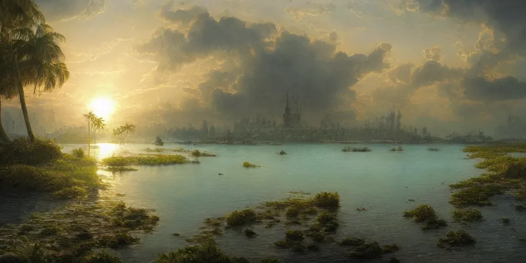 Prompt: a beautiful painting of a A paradisiacal landscape of a sea lagoon and city built on water, rays of light illuminating the water by John Howe, Trending on Artstation, Landscape vista