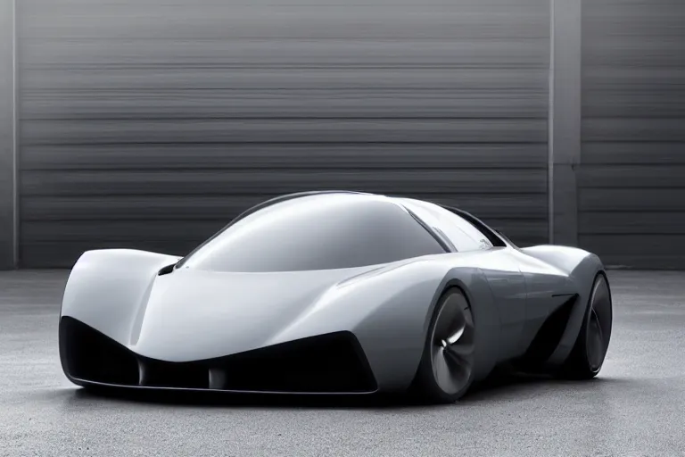 Prompt: A futuristic supercar made of a slick grey scaled metal, professional garage photograph.