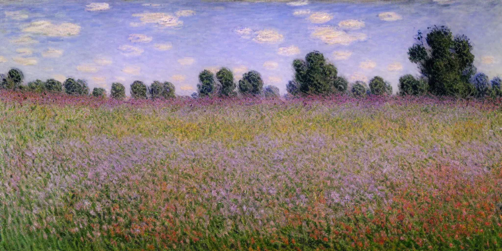 Prompt: Photo of a landscape with blooming flowers and long grass by claude monet, 4k