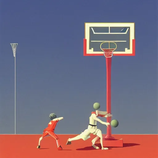 Prompt: action figure animals playing basketball, by kawase hasui, Edward Hopper and James Gilleard, Zdzislaw Beksinski, Steven Outram colorful flat surreal design, hd, 8k, artstation