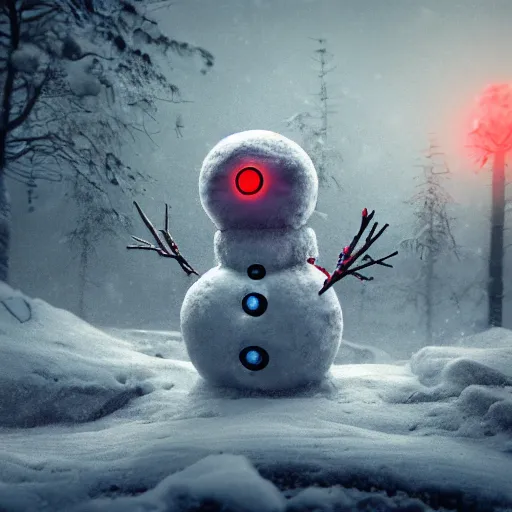 Image similar to a snowman, half made out of cyborg parts, with one glowing red eye, with an evil smile on his face, in the middle of a snow forest, dynamic lighting, photorealistic fantasy concept art, trending on art station, stunning visuals, creative, cinematic, ultra detailed