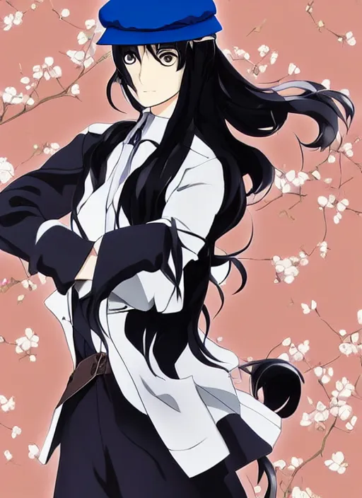 Image similar to key anime visual of a beautiful girl wearing a beige beret and blue shirt; long black hair; anime; drawn by Shigenori Soejima; 3 tone colors