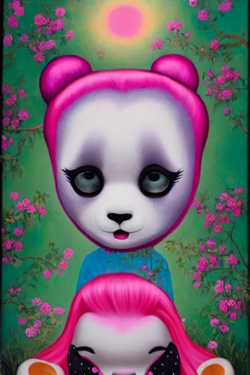Image similar to an image of a girl with pink hair wearing a panda onesie looking across, evokes chrysalism painting by mark ryden, and lisa frank