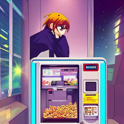 Prompt: “Shinji from Eva buying Cheerios from a cereal vending machine on a futuristic space ship, anime, artstation”