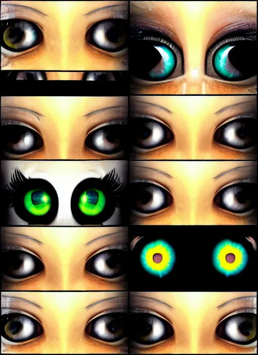 Image similar to grid montage of cube shaped eyes, square shaped black dilated pupils, cube shaped irises, detailed colored textures, eyelashes, advanced art, art styles mix, from wikipedia, wet reflections in square eyes, sunshine light, hd macro photograph, from side, various eyelid positions, square black pupil centered