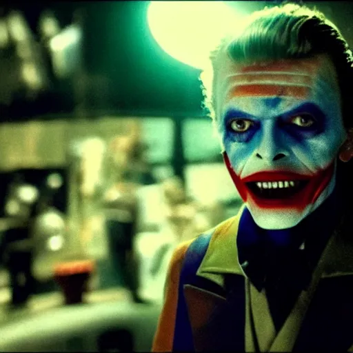 Image similar to awe inspiring David Bowie pkaying The Joker 8k hdr movie still dynamic lighting