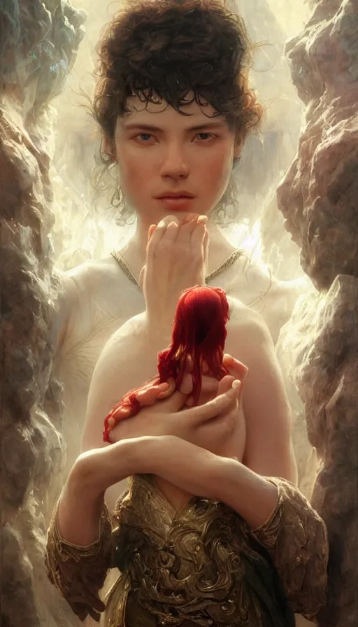 Prompt: epic masterpiece ignorance, drama, sweaty skin, hyperrealistic, octane render, cinematic, beautiful face and flawless skin, perfect hands, 5 fingers, ruby by Edgar Maxence and Ross Tran and Michael Whelan, Legends of Runeterra