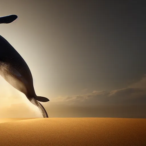 Image similar to a magic whale jumping out of the sand majestically, realistic, 4 k