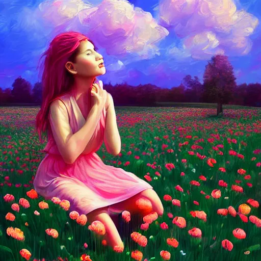 Image similar to giant rose flower head, girl sitting in a flower field, surreal photography, sunrise, dramatic light, impressionist painting, colorful clouds, digital painting, artstation, simon stalenhag