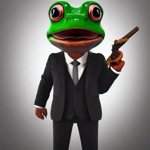 Image similar to a high quality photo of an antropomorphic frog wearing a suit smoking a cigar, 3d scene, render, ultra realistic, artstation, cgsociety