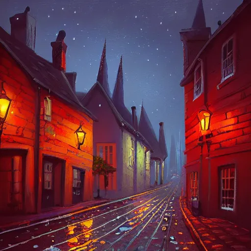 Prompt: A quaint, magical, medieval, winding London street at night, digital painting by Alena Aenami, trending on artstation