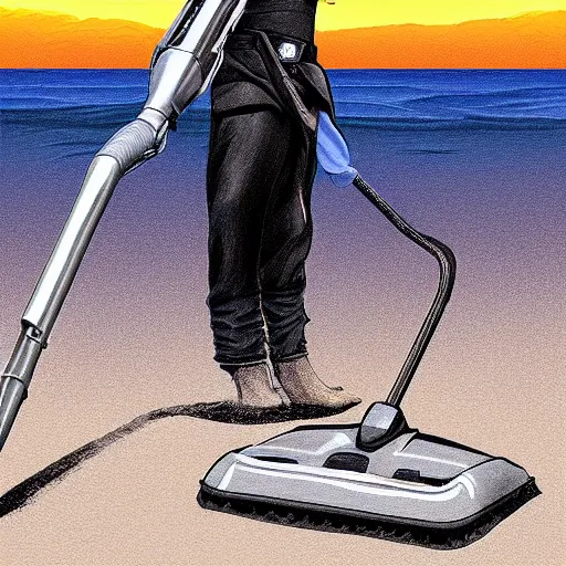 Prompt: Anakin Skywalker vacuuming the beach to remove sand, digital painting, highly detailed