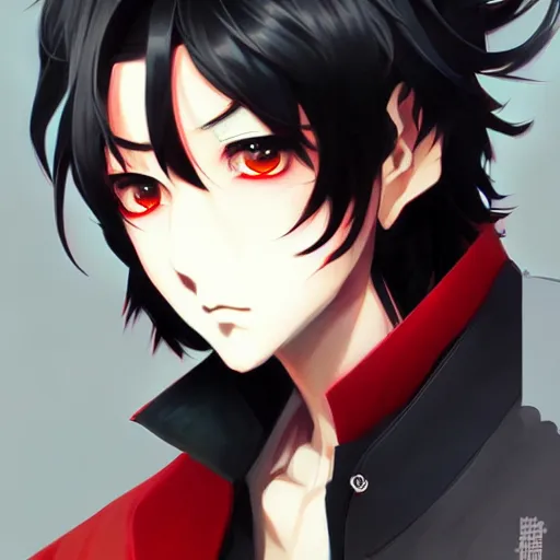 Prompt: anime portrait of a slick black hair guy with red eyes and fox ears by stanley artgerm lau, wlop, rossdraws, james jean, andrei riabovitchev, marc simonetti, and sakimichan, trending on artstation