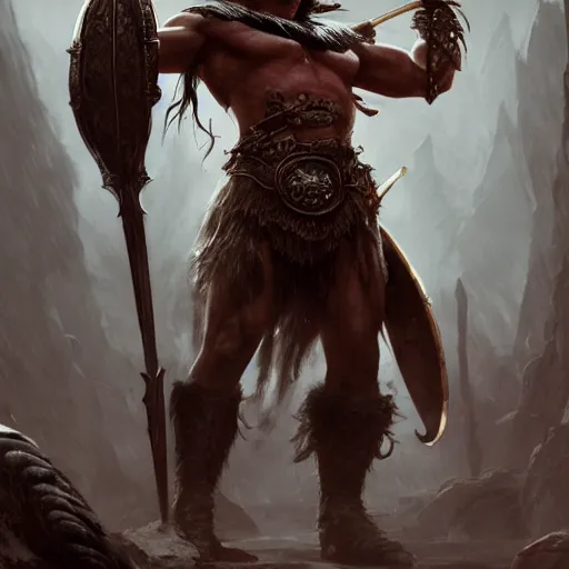 Prompt: conan the barbarian in diablo 3, au naturel, hyper detailed, digital art, trending in artstation, cinematic lighting, studio quality, smooth render, unreal engine 5 rendered, octane rendered, art style by klimt and nixeu and ian sprigger and wlop and krenz cushart