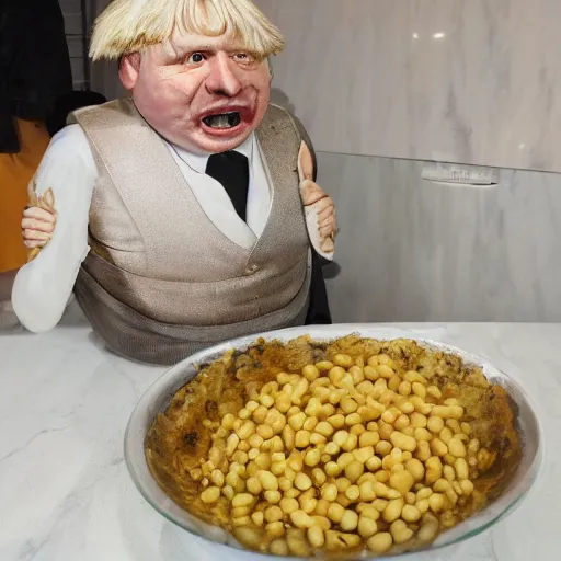 Image similar to boris johnson baked into a bowl of beans