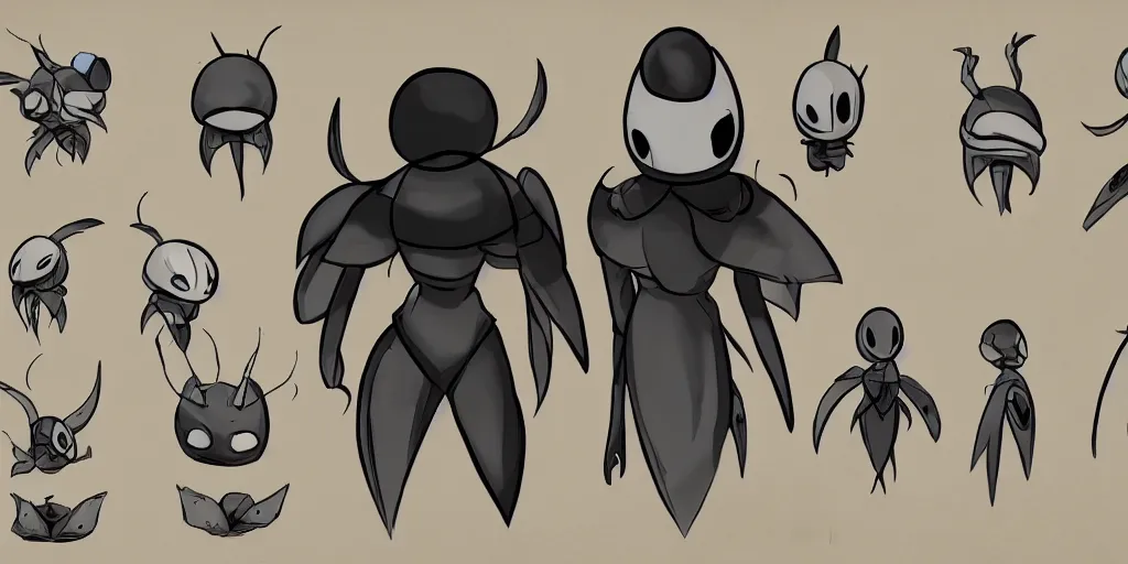 Image similar to cartoonish hollow knight, character sheet, fine details, concept design, contrast, front view, back view, ultra wide angle