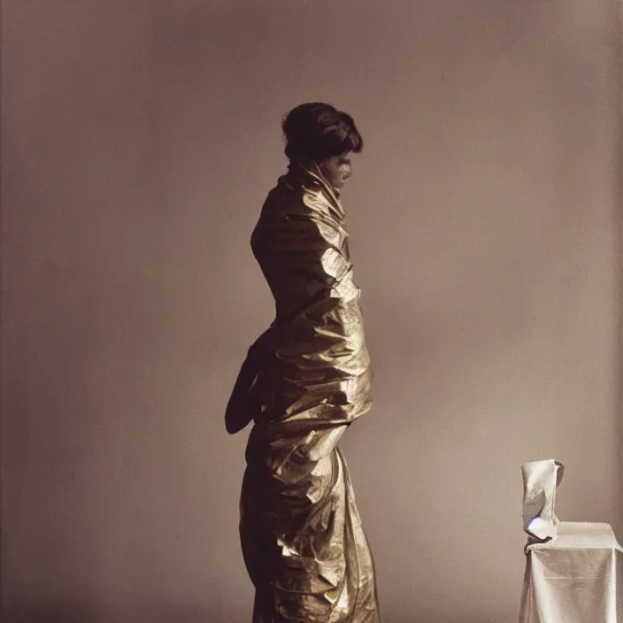 Image similar to closeup portrait of a woman wrapped in bronze cellophane, standing in an empty cafe, color photograph, by john singer sargent, canon eos c 3 0 0, ƒ 1. 8, 3 5 mm, 8 k, medium - format print