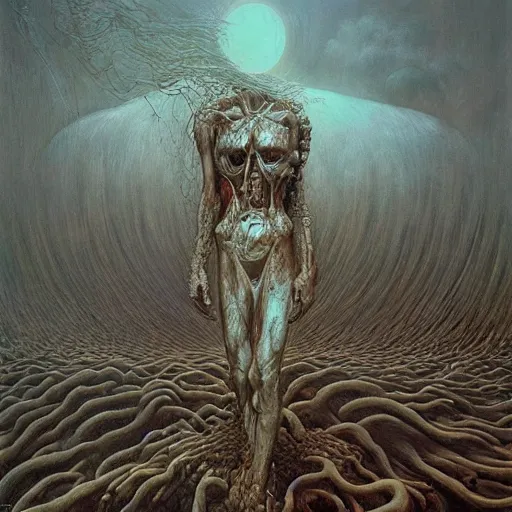 Image similar to the divine wrath of god, body horror, biopunk, oil on canvas, creative design, by zdzisław beksinski, marco mazzoni, peter gric