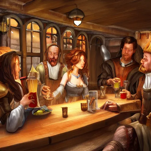 medieval tavern with barmaid and patrons drinking, | Stable Diffusion