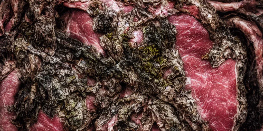 Prompt: details of lichens growing on flesh and skin, meat, bark texture details, painitng, wrinkles and muscle tissues, stab wound, oil on canvas, 4k, 8K, photorealistic, soft light, cinematic lighting, sharp, contrasting, dramatic light