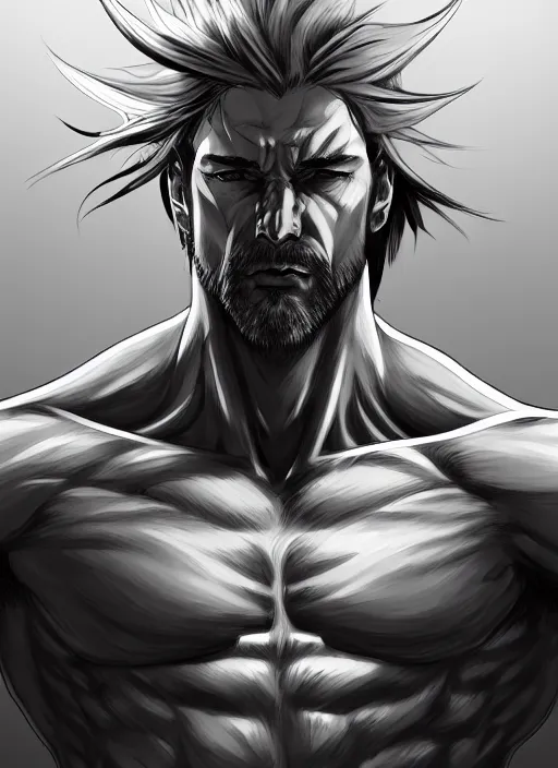 Prompt: Half body portrait of mature muscular man with long silver hair, half man half wolf. In style of Yoji Shinkawa and Hyung-tae Kim, trending on ArtStation, dark fantasy, great composition, concept art, highly detailed, dynamic pose.