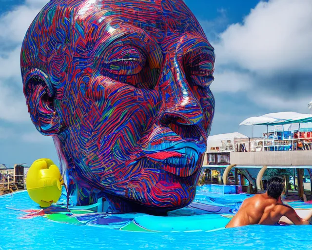 Image similar to a long shot of a giant award winning sculpture of a human head made out of a huge amount of inflatable pool toys, on the surface of the ocean, in the style of chad knight, hyper detailed, hyper realistic, ray tracing, 8 k resolution, sharp focus, realistic water