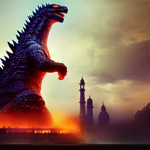 Image similar to godzilla near taj mahal, majestic, breathtaking, lightining in background, ultrafine hyperrealistic detailed illustration by kim jung gi, irakli nadar, intricate linework, sharp focus, bright colors, matte, film still from godzilla king of monsters, final fantasy, unreal engine highly rendered, 8 k, global illumination, radiant light, intricate environment