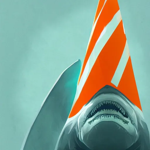 Prompt: great white shark with a conical orange traffic cone orange traffic cone orange traffic cone for a dorsal fin - ron cheng & alphonse mucha, highly detailed, digital painting, ray tracing, concept art, illustration, smooth sharp focus, intricate, symmetry, artstation,