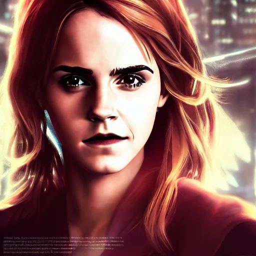 Image similar to Portrait of Emma Watson, the background is a huge futuristic city, cyberpunk style futuristic neon lights, artstation cgsociety masterpiece highly-detailed