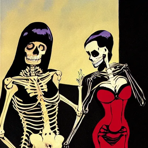 Prompt: a skeleton in a black suit tuxedo, talking to a beautiful woman in a low cut blouse and a miniskirt, Black light velvet painting by Basil Gogos and Robert McGinnis