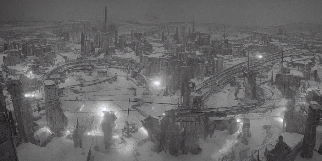 Image similar to cinematic shot of a city in the moon's hollow, norilsk russian orbit city cityscape, telephoto, iconic scene from the paranoid thriller sci fi film directed by stanley kubrick, anamorphic cinematography, beautiful composition, color theory, leading lines, photorealistic, moody volumetric lighting