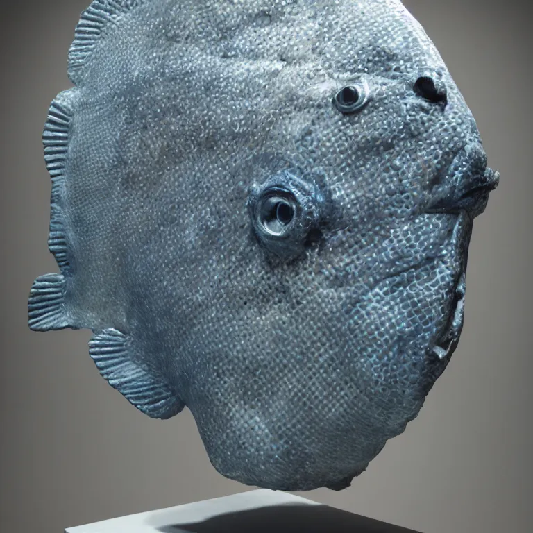 Image similar to hyperrealistic sculpture of a bronze fossilized flounder halibut on a pedestal made of gridded blue silicone and latex by ron mueck and duane hanson and lee bontecou, hyperrealistic dramatic colored lighting trending on artstation 8 k