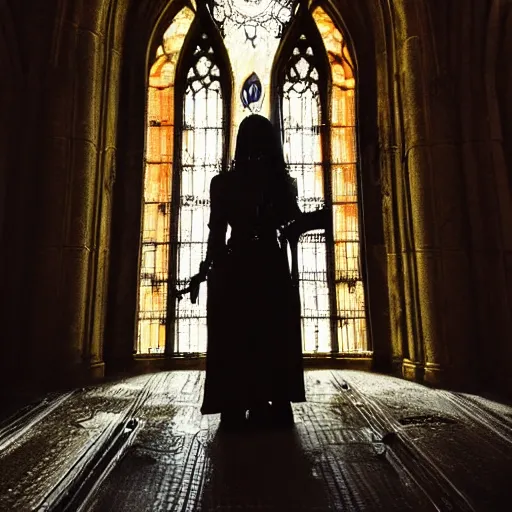 Prompt: a portrait of a sad cyberpunk long black hair women standing in a gothic catedral, soft lighting, golden hour, ahestetic, very detailed, super detailed, extremely beautiful,