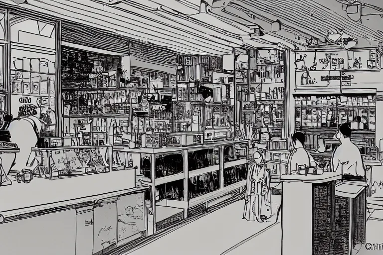 Image similar to coffee shop by moebius