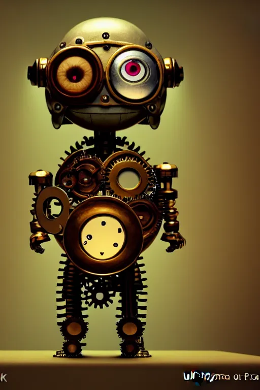 Prompt: a tiny cute steampunk hobbit cyborg with cogs screws big eyes smiling waving, back view, isometric 3 d, ultra hd, character design by mark ryden pixar hayao miyazaki, unreal 5, daz, hyperrealistic, octane render, cosplay, rpg portrait, dynamic lighting, intricate detail, summer vibrancy, cinematic, centered