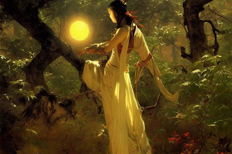 Image similar to wuxia, forest, moonlight, painting by gaston bussiere, craig mullins, j. c. leyendecker